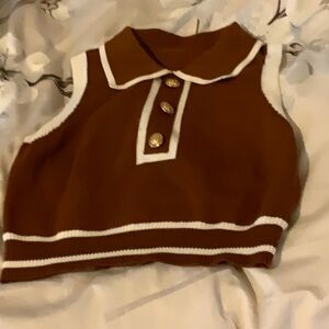 Brown Sleeveless Knit Top with White Trim